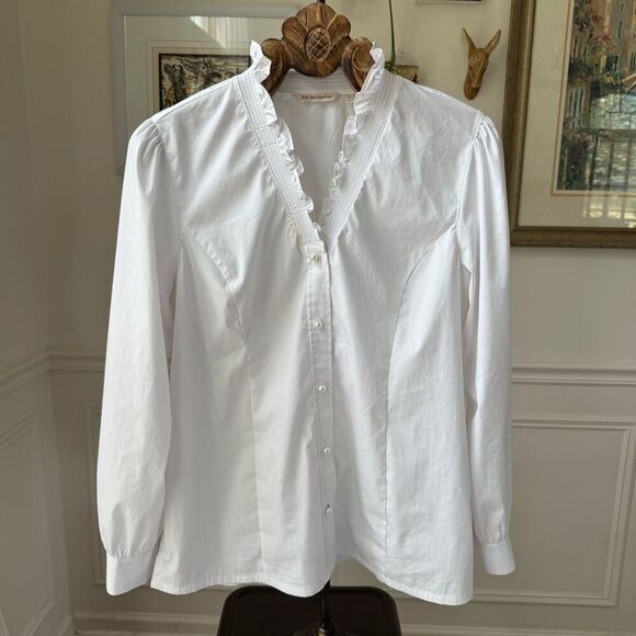 Soft Surroundings Kata Ruffle Collar Shirt 2FY61 White Pearl Buttons L - Picture 2 of 9